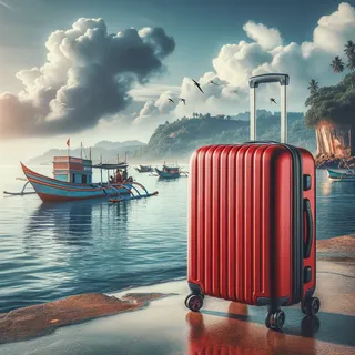Реалистичное изображение кинематографического стиля с подробной детализацией: на фоне живописного берега Шри-Ланки стоит красный туристический чемодан на колесиках у воды. Вдалеке плавают рыбацкие лодки, видно великолепный океан и облачное небо, природа выглядит живописно и невероятно реалистично
