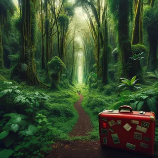 Красный чемодан стоит у входа в густой лес Мангабэй, окружённый зелёной флорой и звонком природы