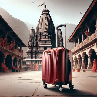 Изображение (не иллюстрация) только в очень реалистичном кинематографическом стиле. На изображении должен присутстовать красный туристический чемодан на колесиках. На изображении не должно быть людей.. Тема изображения: Нилкантх Махадев Темпл (Neelkanth Mahadev Temple) в Ришикеше