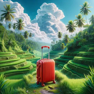 Изображение пейзажа Бали с красным туристическим чемоданом на колесиках в реальном окружении природы, без людей