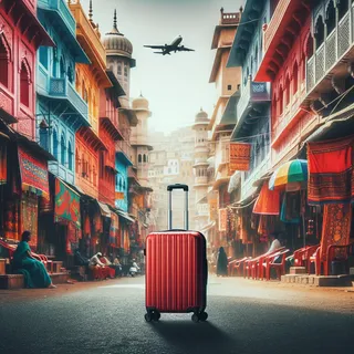 Кинематографическое изображение ярких цветов на фоне индийской улицы, с красным туристическим чемоданом на колесиках