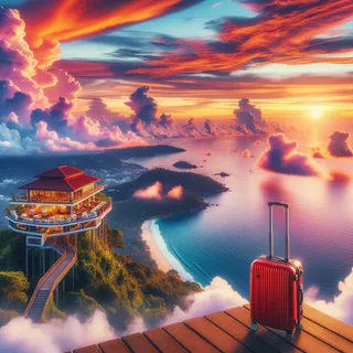 Панорама Пхукета с видом на океан, сияющий закат, ресторан среди облаков и красный туристический чемодан на колесиках
