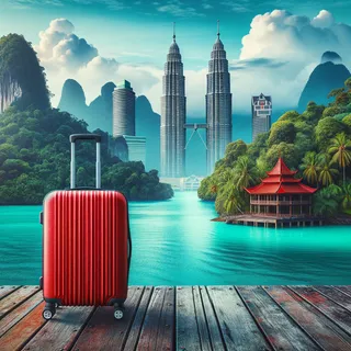 Главные достопримечательности островов Лангкави и Борнео, окруженные тропической зеленью и бирюзовыми водами, на фоне которых стоит красный туристический чемодан на колесиках, готовый к путешествию