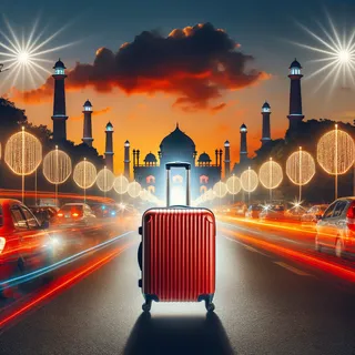 Красный чемодан на колесиках среди фонарей и огней на индийском фоне, закат