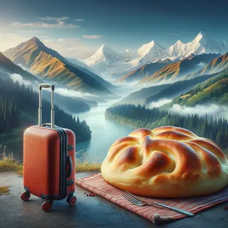 Сванский хачапури, окружённый горами, с красным туристическим чемоданом на колесиках перед ним, в пейзаже горного региона Грузии, очень реалистичный, кинематографический стиль