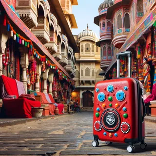 городские улицы Раджастхана, украшенные яркими традиционными орнаментами и красный туристический чемодан на колесиках, стоящий на переднем плане