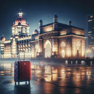 кинематографический стиль, ночной вид туристической достопримечательности, Ворота Индии и роскошный отель Тадж Махал в Мумбаи, яркие огни, красный туристический чемодан на колесиках рядом с Воротами Индии, река рядом, отсутствие людей