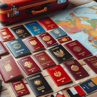 Вид на обложки паспортов разных стран, лежащие на столе рядом с красным туристическим чемоданом и туристической картой Эстонии