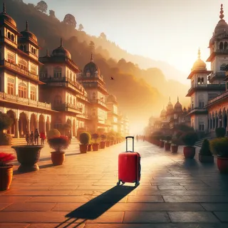 Изображение (не иллюстрация) только в очень реалистичном кинематографическом стиле. На изображении должен присутстовать красный туристический чемодан на колесиках. На изображении не должно быть людей.. Тема изображения: Дехрадун: культурное сердце Уттаракханда
