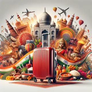 Изображение (не иллюстрация) только в очень реалистичном кинематографическом стиле. На изображении должен присутстовать красный туристический чемодан на колесиках. На изображении не должно быть людей.. Тема изображения: 10 причин немедленно отправится в Индию