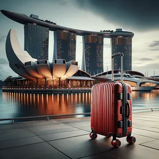 Красный туристический чемодан на колесиках на фоне роскошного яхт-клуба в Keppel Bay, Сингапур, в очень реалистичном кинематографическом стиле
