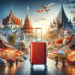 Изображение (не иллюстрация) только в очень реалистичном кинематографическом стиле. На изображении должен присутстовать красный туристический чемодан на колесиках. На изображении не должно быть людей.. Тема изображения: Чианграй: главные достопримечательности и уникальные места