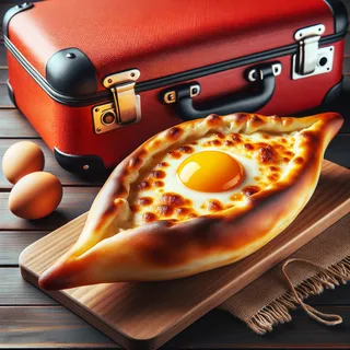 Изображение аджарского хачапури, лодочка из теста с расплавленным сыром и желтком, рядом ярко-красный туристический чемодан