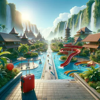 Реалистичный вид на комплекс из аквапарка и развлекательного парка на Бали с множеством аттракционов и красным туристическим чемоданом у входа.