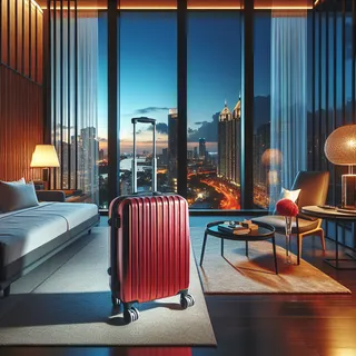 Одинокий красный туристический чемодан на колесиках стоит в роскошном номере современного отеля с видом на красивый вечерний город