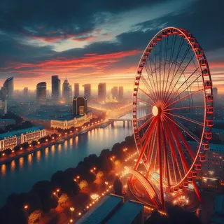Красное колесо обозрения на фоне вечернего города, окруженного огнями и небом, озаренным тенями заката