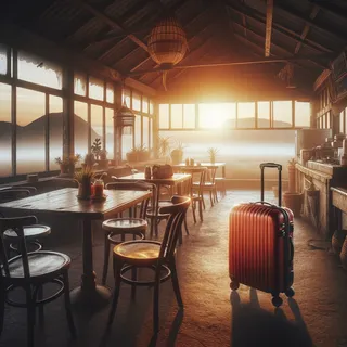 Кинематографическое изображение заброшенного кафе на фоне заката с красным туристическим чемоданом на колесиках