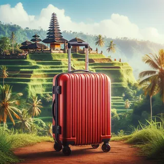 Кинематографическое изображение красного туристического чемодана на колесиках на фоне красивого пейзажа Бали