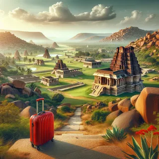 Величественные руины древнего города Хампи в окружении живописных пейзажей с красным туристическим чемоданом на колесиках на переднем плане