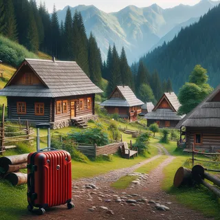 Традиционная деревенская сцена с деревянными домами среди лесистых гор, красный туристический чемодан на колесиках стоит на дорожке