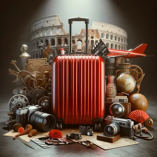 Изображение (не иллюстрация) только в очень реалистичном кинематографическом стиле. На изображении должен присутстовать красный туристический чемодан на колесиках. На изображении не должно быть людей.. Тема изображения: История Италии