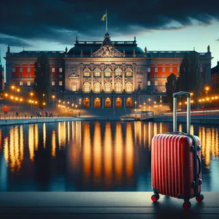 Кинематографический пейзаж Стокгольма с фасадом музея, освещенным вечерними огнями, отражающимися на воде, с красным туристическим чемоданом на колесиках на переднем плане
