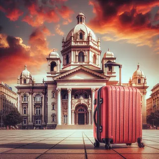 Нарисуй картинку в максимально реальном стиле, чтобы на ней был красный туристический чемодан. Тема - исторические достопримечательности Белграда. На картинке не должно быть людей. Делать отступ после главы - перед картинкой должен быть отступ.