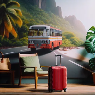 Реалистичное изображение: автобус с туристическим красным чемоданом на заднем кресле, на фоне тропического пейзажа на Сейшельских островах