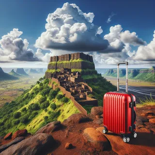 Панорамный вид на форт Харихар, окруженный зелеными холмами и скалистыми утесами, на переднем плане красный чемодан на колесиках