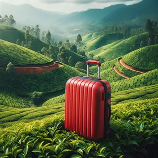Картинка красного туристического чемодана на фоне живописных чайных плантаций Шри-Ланки