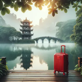 Туманное озеро с зеркальной поверхностью, на фоне которой царственный изгибающийся мостик и древние башенки, окруженные зеленой листвой. На переднем плане яркий красный туристический чемодан на колесиках, стоящий на деревянном настиле у озера.