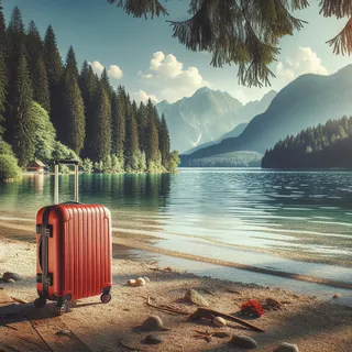 Красный туристический чемодан на колесиках на берегу живописного озера в окружении густого леса и гор за ним, летний солнечный день, очень реалистичный, кинематографический стиль. 