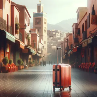 Изображение (не иллюстрация) только в очень реалистичном кинематографическом стиле. На изображении должен присутстовать красный туристический чемодан на колесиках. На изображении не должно быть людей.. Тема изображения: Население Марокко - особенности, численность, занятость и интересные факты
