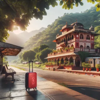 Автобусная станция в Индии с красным туристическим чемоданом, ясный день, вокруг зелень и индийская архитектура