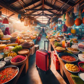 Изображение местного рынка на Мальдивах с продуктами и блюдами, снятого в кинематографическом стиле, без людей, с красивыми красками и красным туристическим чемоданом на колесиках