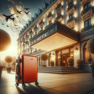 Изображение красного туристического чемодана на колесиках на фоне отеля в кинематографическом стиле