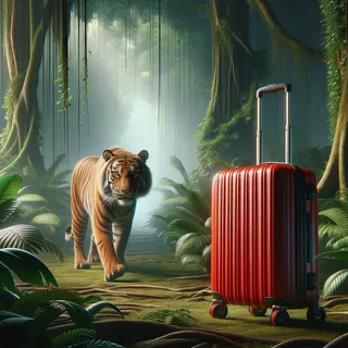 Тигр бродит среди густой джунглей, ярко-красный чемодан на колесиках на переднем плане, реалистичный кинематографический стиль