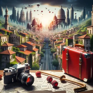 Кинематографический вид на прекрасный, древний город, насыщенный зеленью и старинными постройками, с красным туристическим чемоданом, видным на фоне сообщений о хаотичном развитии нового мегаполиса