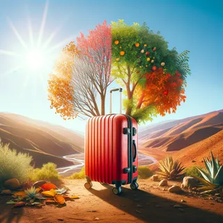 Красный туристический чемодан на колесиках на фоне марокканского ландшафта со сменяющимися временами года, яркое солнце и голубое небо