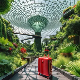 Вид прогулочной зоны под уникальным стеклянным куполом в Canopy Park, окруженной зелеными растениями с красным туристическим чемоданом на переднем плане