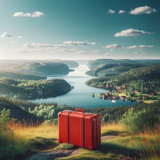 Красный чемодан на фоне шведского пейзажа с зелеными холмами и ясным голубым небом