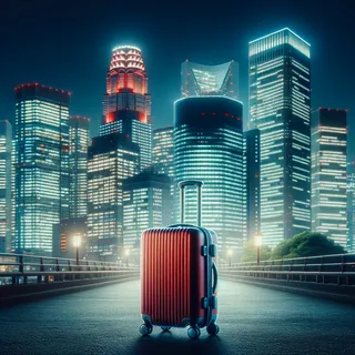 Кинематографический кадр с красным туристическим чемоданом на колесиках на фоне современного небоскреба в Токио, все в ярких городских огнях, без людей