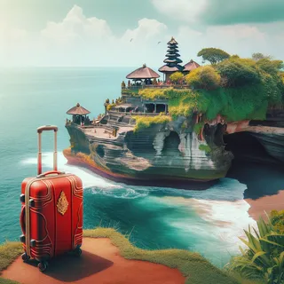 Фантастический вид на храм Тана Лот, стоящий на скале у океана, с красным туристическим чемоданом на переднем плане
