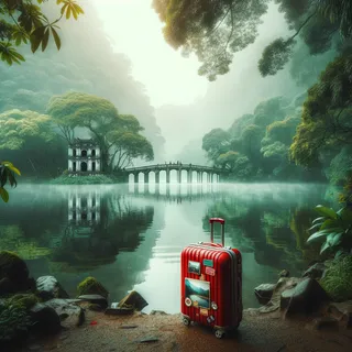 Фотография красного туристического чемодана у берега озера Хоан Кием в Ханое, окружающая природа окутана утренним туманом, отражающимся в водах озера. Пышные зелёные деревья возвышаются на заднем плане, вдалеке виднеется старинный мост у воды, создавая атмосферу мистической тишины и умиротворения, кинематографический стиль.