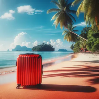 Лангкави и Борнео, красный чемодан на пляже