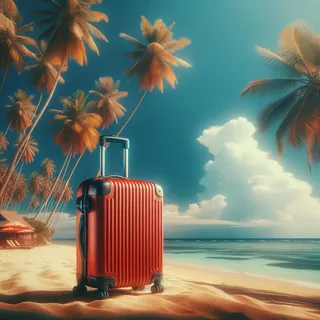 Красный туристический чемодан стоит на песчаном пляже Филиппин на фоне тропических пальм, лазурное море и ясное небо в кинематографическом стиле