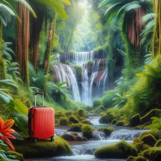Тропический лес, водопад в джунглях с красным туристическим чемоданом у подножия
