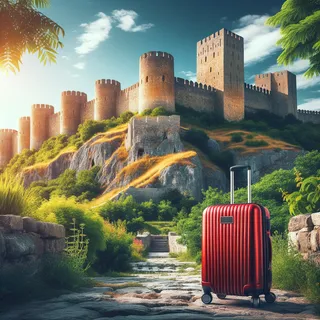 Кинематографическое изображение красного туристического чемодана на колесиках на фоне древней крепости с высокими стенами, окруженной ярко зеленой растительностью