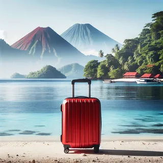 Красный туристический чемодан стоит на фоне живописного островного пейзажа, вдали виднеются вулканы и джунгли, а на переднем плане – белый песчаный пляж и лазурное море