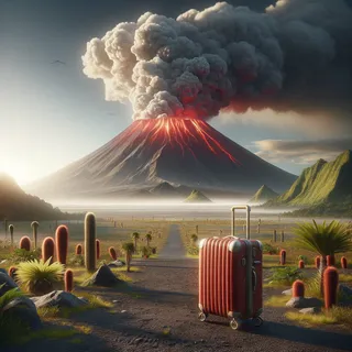 Очень реалистичный кинообразы южного индийского вулкана с красным туристическим чемоданом на колесиках у подножия вулкана